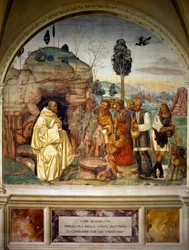 Pave Benedikt underviser bønder i hellig lære, fra historier om St. Benedikt av Monte Oliveto Maggiore