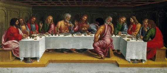 Det siste måltid. Lamentation over the Dead Christ, Predella panel, 1502.