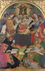 Treenigheten, Madonna og barnet, engler og hellige, ca. 1505-08 (olje på panel)