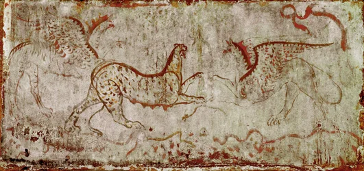 Kamp mellom en panter og en griff. Lukansk freske fra det 4. århundre f.Kr. fra Rytterens grav i nekropolen i Paestum, Italia. Museo Nazionale Archeologico, Paestum