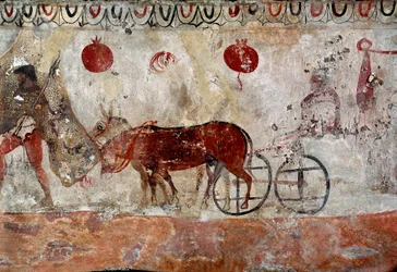 En gjeter og to esler. Lukansk freske fra det 4. århundre f.Kr. fra nekropolen i Paestum, Italia. Museo Nazionale Archeologico, Paestum