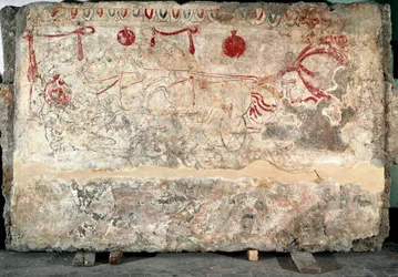 Lukansk freske av en quadriga fra 300-tallet f.Kr., fra nekropolen i Paestum i Italia. Museo Nazionale Archeologico, Paestum