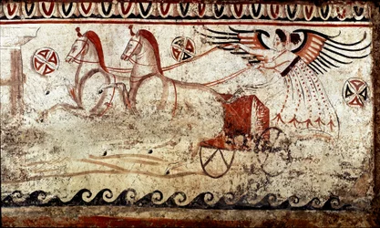 Seiersgudinnen i en tohjulet vogn med tospann. Lukansk freske fra det 4. århundre f.Kr., fra nekropolen i Paestum, Italia. Museo Nazionale Archeologico, Paestum
