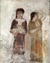Portrett av to kvinner. Lukansk freske fra det 4. århundre f.Kr., fra Rytterens grav på Paestum-området, Italia. Museo Nazionale Archeologico, Paestum