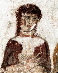 Portrett av en kvinne. Lukansk freske fra 4. århundre f.Kr., fra Rytterens grav, Paestum-området, Italia. Museo Archeologico Nazionale, Paestum