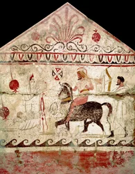 Den seierrike krigerens tilbakekomst. Lukansk freske fra det 4. århundre f.Kr., fra grav 86 i Andriuolo-nekropolen i Paestum, Italia. Museo Nazionale Archeologico, Paestum