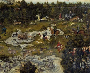 Jakt til ære for Karl V på Torgau slott i Tyskland Jakt på hjort. Detalj. Maleri av Lucas Cranach den eldre