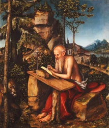 Saint Jerome skriver i et steinete landskap, ca. 1515
