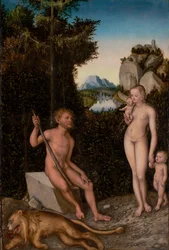 En faun og hans familie med en drept løve