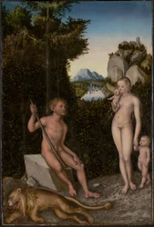 En faun og hans familie med en drept løve