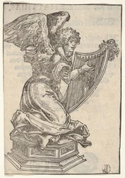 En sølvstatuett av en engel som spiller på harpen, fra den store serien av Wittenberg Reliq..., 1509.