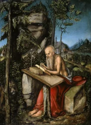 Engelsk: Sankt Hieronymus i et steinete landskap Sankt Hieronymus i et steinete landskap