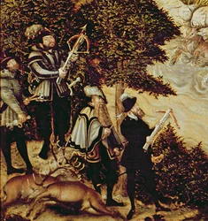 Johann Friedrich the Magnanimous, kurfyrst av Sachsen og keiser Charles V jaktet hjort nær Hartenfels slott, Torgau, 1544 (detalj av 38682)