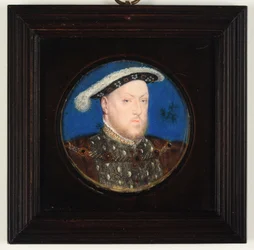 Kong Henry VIII i en grå goublet og pelskjole (akvarell og kroppsfarge på vellum)