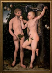 Adam og Eva. Maleri av Lucas Cranach den eldre (1472-1553), omkring 1538. Flamsk kunst, 1500-tallet. Nasjonalgalleriet, Sternberg-palasset, Praha (Tsjekkia).