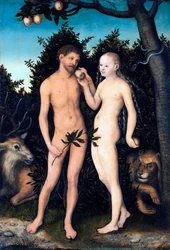 «Adam og Eva i paradiset», maleri av Lucas Cranach den eldre (1472-1553), 1531, Staatliche Museen zu Berlin, Tyskland, ©DeAgostini/Leemage