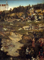 Jakt til ære for Karl V på Torgau slott (Tyskland). Detalj. Maleri av Lucas Cranach (1472-1553)