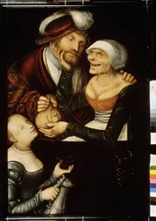«The procuress» En tannløs gammel hallik tar en klients veske i bytte mot et intervju med en prostituert. Maleri av Lucas Cranach den eldste (1472-1553) rundt 1530 State Georgian Art Museum, Tiflis (Tbilisi) Georgia