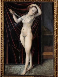 Lucretia gir seg selv døden. Lucretias selvmord, romersk dame fra 500-tallet f.Kr. Maleri av Lucas Cranach (1472-1553), 1500-tallet. Besançon, Museum for skjønne kunster