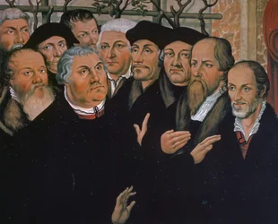 Martin Luther med representanter for den protestantiske reformasjonen, Melanchthon til høyre, Erasmus av Rotterdam i midten, detalj fra Lasarus