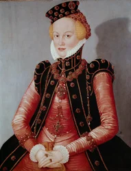 Portrett av Lady Ung kvinne rikt kledd, iført hatt og juveler. Maleri av Lucas Cranach den eldre (1472-1553) Dim. 87 x 69 cm Munich Alte Pinakothek