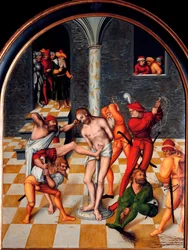The Flogging of Christ-maleri av Lucas Cranach den eldste (1472-1553). 1538. Dim. 108x84 cm Wien. Kunsthistorisk museum