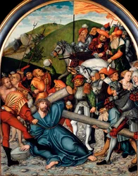 Klatringen til Golgata Maleri av Lucas Cranach den eldste (1472-1553). 1538. Dim. 107x84 cm Wien. Kunsthistorisk museum