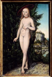 Venus stående i et landskap. Maleri av Lucas Cranach den eldre (1472-1553), 1529, olje på tre, mål 0,38 x 0,25 m