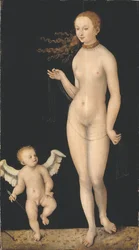 Venus et Cupidon - Venus og Amor, av Cranach, Lucas, den eldste (1472-1553). Olje på tre. Mål: 90x49,5 cm. Nationalmuseum Stockholm