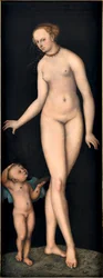 Venus med Cupid honningtyven, av Cranach, Lucas, den eldste (1472-1553). Olje på tre, etter 1537. Mål: 175,4x66,3 cm. Germanisches Nationalmuseum, Nürnberg