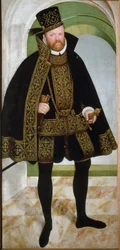Portrett av kurfyrsten Augustus I av Sachsen kalt den fromme (1526-1586)"" Maleri av Lucas Cranach den unge (1515-1586) 1565 Søn. 215x104 cm Vienna Kunsthistorisches Museum
