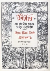 Tittelside, med en fin billedkant fra "Biblia, das ist: Hele hellige skrift: tysk", oversatt av Martin Luther, 1560-1561