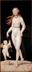 Venus og Amor. Maleri av Lucas Cranach den yngre (1515-1586), omkring 1540. Mål: 196 x 89 cm. München, Alte Pinakothek