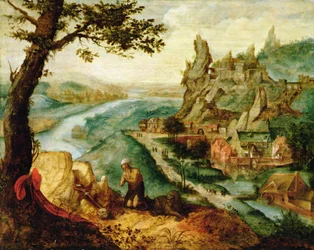 Saint Hieronymus i et landskap (olje på tre)