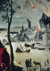 Lot og hans døtre, detalj om ødeleggelsen av Sodoma (olje på panel, ca. 1517)