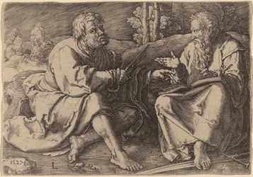De hellige Peter og Paul sitter i et landskap