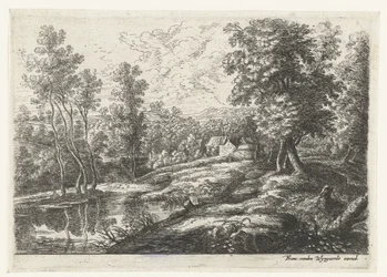 Landskap med hus og en kirke omgitt av en mur Fem landskap (serietittel)