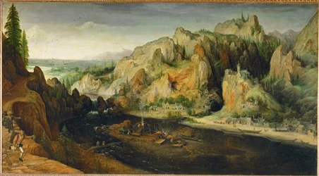 Fjelllandskap med røvere og masovn, rundt 1558 (maleri på lerret)