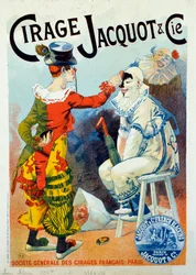 Reklame for Jacquot polish. To klovner som gjør opp med polish. Tegning av Lucien Lefevre (1850-?). 1894 Paris. Arts Decoratifs - Annonse for voks Jacquot: To klovner som sminker seg med skokrem, av Lucien Lefevre