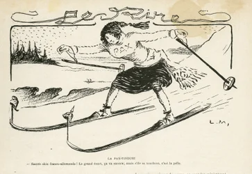 Illustrasjon i Le Rire, 24/02/12 - La pax-tineuse - Tyskland Preussen, Sport, Fred, Ski, Snø, Fransk-tyske forhold, Første verdenskrig - Marianne - Sport, Allegorie (gravering)