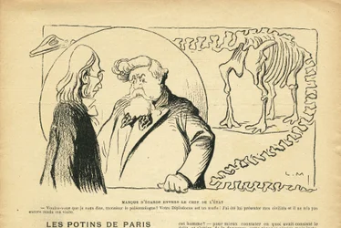 Illustrasjon i Le Rire, 27/06/08 - ignorering av statsoverhodet - republikkens president, dinosaur, paleontologi - Fallieres Armand (1841-1931), dinosaur, Diplodocus (gravering)
