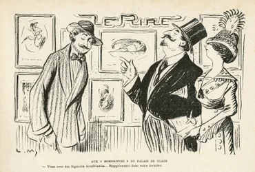 Illustrasjon i Le Rire, nr. 481, 27/04/12 - Ved ""Humoristene"" i Palais des Glaces - Salon des independents Humoristes (gravering)