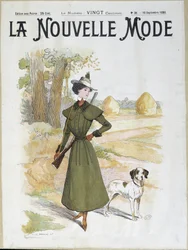 Kvinne i jaktantrekk iført rifle - i "" La Nouvelle Mode"" fra september 1898