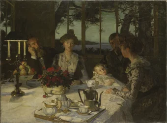 Talking in the Twilight - Talking in the Twilight, av Simon, Lucien (1861-1945). Olje på lerret. Størrelse: 140x190cm. Nationalmuseum Stockholm