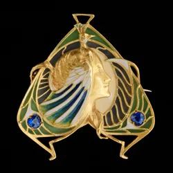 Brosjeanheng, ca. 1900 (gull og plique à jour emalje med safirer)