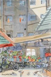 Orange Dusters Drying, Mahane Yehuda, Jerusalem, 2019 (w/c på papir)
