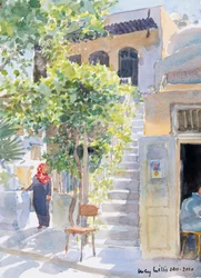 Steps by The Citadel, Aleppo, Syria, 2019 (w/c på papir)
