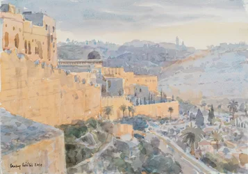 Soloppgang på bymuren, Jerusalem, 2019 (w/c på papir)