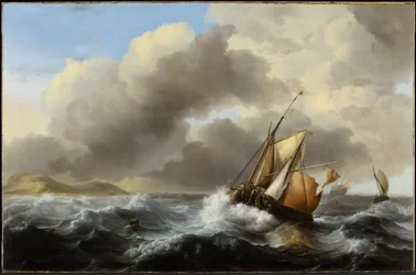 Fiskefartøy på åpent hav i grov sjø, 1864