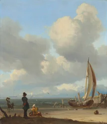 Et omfattende sjølandskap med figurer ved en båt på en strand nær Huisduinen